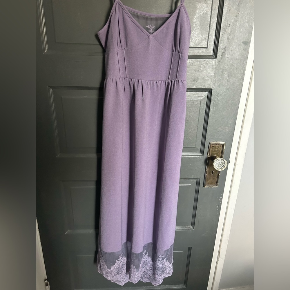 Purple midi length dress with lace accents and open back cutout, size M